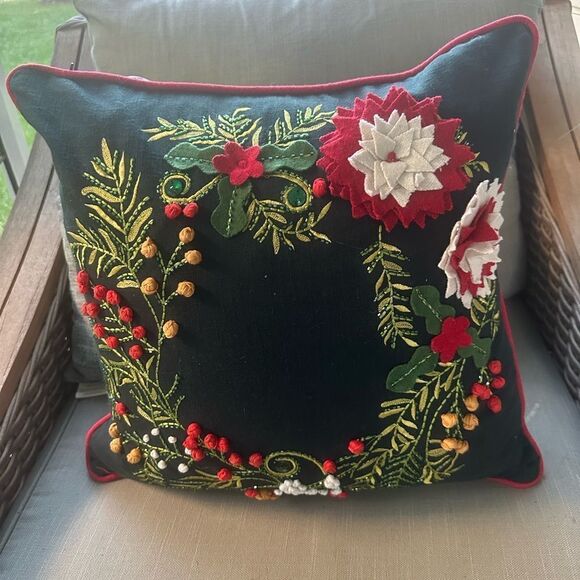 Nordic Nest Holly Wreath Hand Embroidered Pillow 20”x20” - Picture 1 of 7